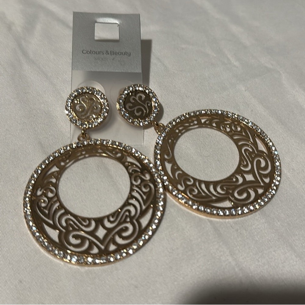Gold Filigree Hoop Earrings with Crystals